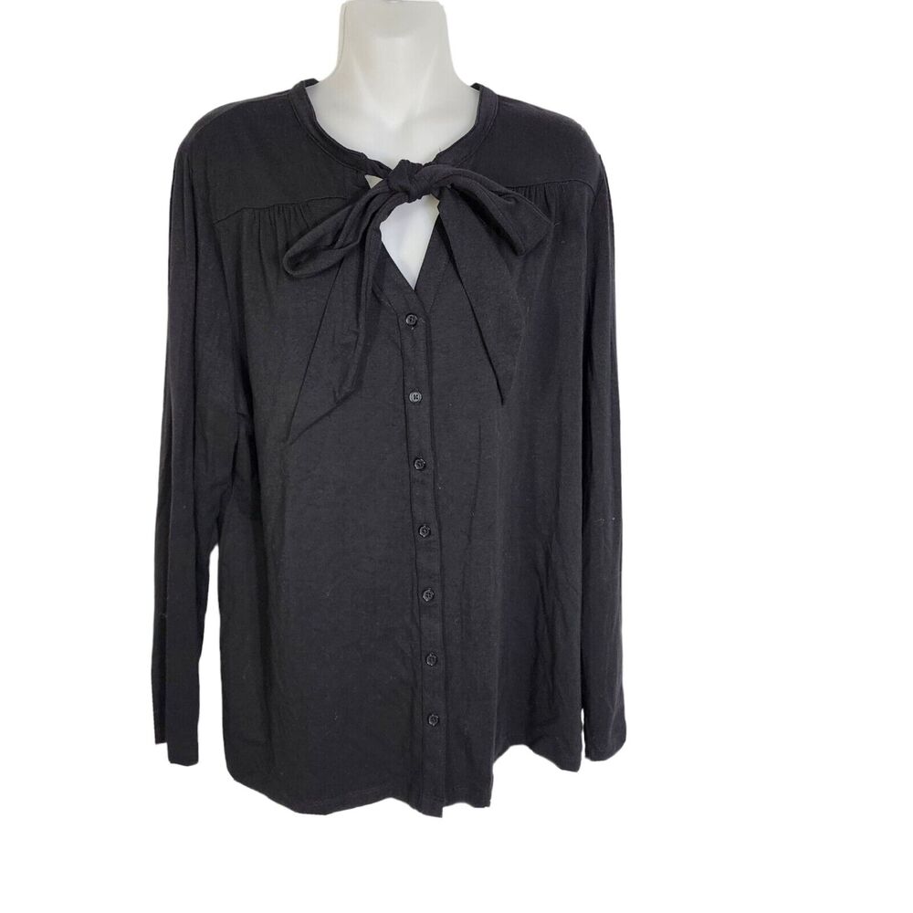 Denim & Co. Womens Top Large Long Sleeve Tie Front Button Solid Black A227193